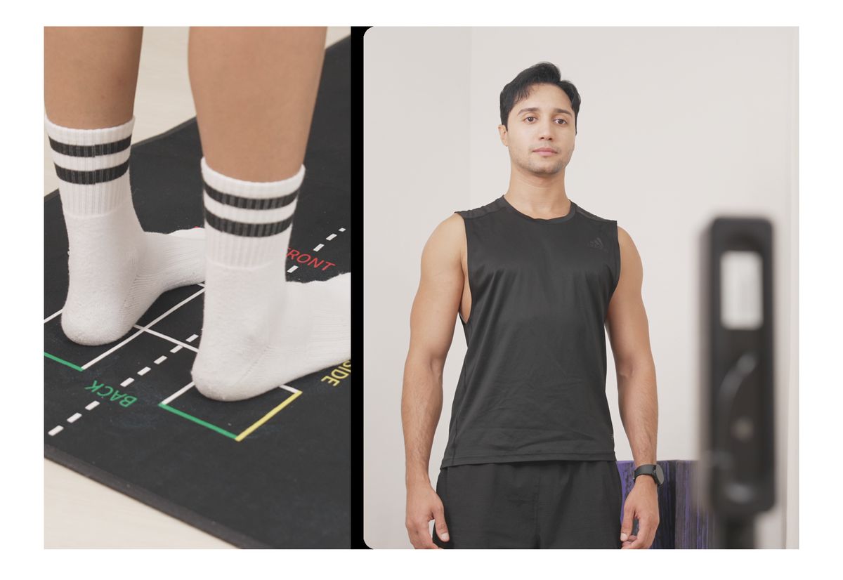 Person standing on the scan mat during a Moti Physio posture scan